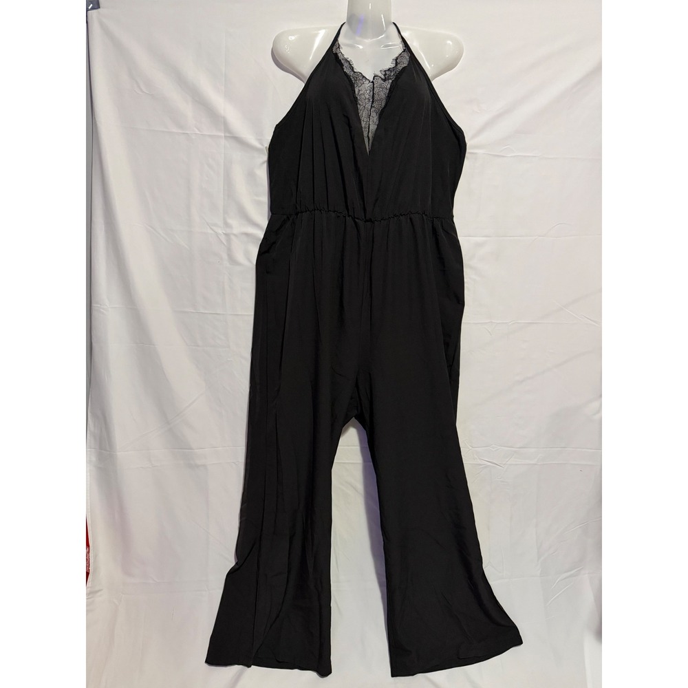 Black Halter Lace Trim Wide Leg Jumpsuit 1XL Plus Size Sleeveless